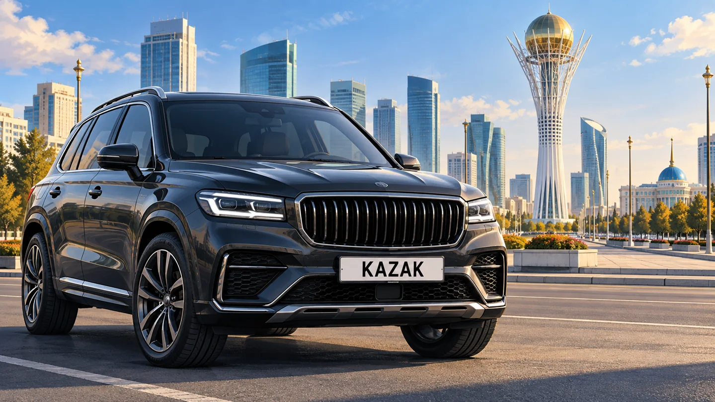 Иллюстрация автомобиля с номером KAZAK на фоне Астаны